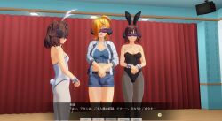 3d ahoge blonde_hair breasts brown_hair bunny_ears bunny_girl bunnysuit cleavage cuffs expressionless fake_animal_ears fake_tail female_only femsub fishnets hair_covering_one_eye inikanata japanese_text large_breasts multiple_girls multiple_subs pantyhose short_hair small_breasts standing standing_at_attention tech_control text tied_hair translation_request twintails visor