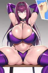  ai_art armpits arms_above_head arms_behind_back bikini_bottom bikini_top blush cleavage collar fate/grand_order fate_(series) female_only femsub glowing_eyes happy_trance huge_breasts large_hips long_hair looking_at_viewer manip misterman4_(manipper) opera_gloves purple_hair scathach_(fate/grand_order) smile spiral_eyes spread_legs stable_diffusion_(ai) swimsuit tagme thighhighs 