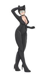  alternate_costume bell bell_collar black_hair bodysuit breasts carmen_sandiego cat_ears cat_girl catsuit cleavage collar drawingsbymills female_only femsub glasses high_heels julia_argent_(carmen_sandiego) latex short_hair solo tight_clothing v 
