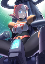  before_and_after belt blue_eyes bodysuit cables female_only femsub headphones megaman_(series) megaman_x_(series) miburo2020 multicolored_hair nana_(megaman_x) pink_eyes resisting restrained robot_girl sex_toy short_hair shoulder_pads solo spread_legs vaginal white_hair 