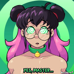  ahoge bare_shoulders black_hair brushie_art collar convenient_censoring dog_tags eyebrows_visible_through_hair female_only femsub glasses green_background green_eyes hair_buns kikko_(sodapop) long_hair looking_at_viewer multicolored_hair nude open_mouth original pink_hair solo spiral_background spiralwash_eyes text topless 
