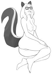 animal_ears ass barefoot bottomless breasts cally_mist_(hypnostink) feet female_only femsub glasses greyscale happy_trance hypnostink nipples nude open_mouth original pussy ring_eyes sitting skunk_girl solo tail tongue topless white_background