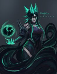 absurdres ahri_(league_of_legends) alternate_costume alternate_hair_color animal_ears aura black_background black_hair body_markings breasts corruption crown female_only femsub floating fox_girl glowing glowing_eyes green_eyes green_hair happy_trance jewelry kitsune_girl league_of_legends long_hair looking_at_viewer magic multicolored_hair orb purplekwa ruination runny_makeup slit_pupils solo tail thighhighs
