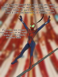  3d circus mantra marvel_comics may_mayday_parker saltygauntlet spider-girl spider-man_(series) spiral_eyes text 