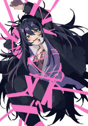 arms_above_head black_hair blue_eyes bondage exposed_chest hanging_down heart_eyes heterochromia hong_lu limbus_company long_hair male_only malesub nakame77 restrained ribbon ribbon_bondage simple_background sweat tattoo tied_hair