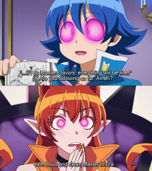 ameri_azazel blue_hair dialogue femsub happy_trance hypnotic_eyes mairimashita!_iruma_kun maledom manip orange_hair pink_eyes spiral_eyes subtitled suzuki_iruma text theinvisiblebrad_(manipper)