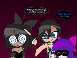 aged_up ahoge alternate_costume alternate_hair_color bare_shoulders black_hair bow cleavage collarbone comic consensual crossover disney dress eyebrows_visible_through_hair eyelashes femsub fingerless_gloves freckles gradient_background hair_ribbon hand_on_head hypnoscream kingdom_hearts maledom murder_drones open_mouth purple_hair red_background red_eyes ring_eyes robot_girl shiny_hair short_hair simple_background sora speech_bubble spiral_eyes tank_top tessa_james_elliot text wholesome yeva_(murder_drones)