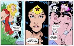  bikini bikini_top black_hair blonde_hair blue_eyes breasts cleavage clothed comic consensual dc_comics dialogue drool edging english_text female_only femsub fingering long_hair masturbation multiple_girls nipples nude polmanning pubic_hair pussy pussy_juice self_hypnosis sexism signature smile speech_bubble supergirl sweat symbol tech_control text virtual_reality visor water wonder_woman 