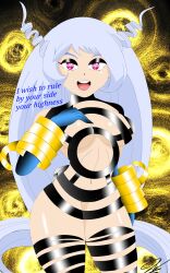  absurdres clothed_exposure corruption defeated dialogue drill_hair eyeshadow female_only femsub gloves happy_trance long_hair looking_at_viewer lorddandan my_hero_academia nejire_hado open_mouth opera_gloves pov pov_dom silver_hair smile solo text thighhighs very_long_hair 