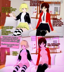  3d blonde_hair breasts brown_hair couch dazed dialogue drool empty_eyes english_text female_only femsub green_eyes hair_band heavy_eyelids hypnotic_light hypnotic_screen jacket koikatsu! latina leaning_forward liz_(liz_b) liz_b mole multiple_girls multiple_subs nipples orange_eyes original ponytail shirt_lift sitting skirt socks text tie undressing watermark zany_(shrimpy) 