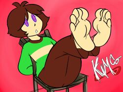  androgynous barefoot bondage brown_hair chara_(undertale) drool feet foot_focus kimberco open_mouth short_hair solo spiral_eyes symbol_in_eyes text undertale 