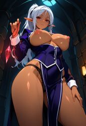 ai_art bare_breasts bare_legs breasts crystal dark_elf dark_skin elf elf_ears exposed_chest femdom huge_breasts hypnotic_accessory hypnotic_light long_hair looking_at_viewer nipples pendulum pov_sub red_eyes silver_hair tagme topless