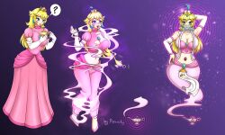  blonde_hair breasts femsub genie gloves happy_trance harem_outfit jewelry large_breasts large_hips long_hair nintendo porniky princess princess_peach smile smoke spiral_eyes story super_mario_bros. symbol_in_eyes transformation veil 