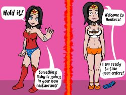  before_and_after collar dc_comics dc_superhero_girls femsub forced_employee happy_trance hooters isankura tech_control text waitress wonder_woman 