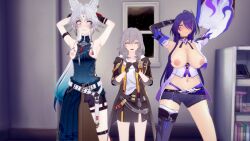 acheron_(honkai_star_rail) angry animal_ears arms_above_head aware blue_eyes body_control breasts breasts_outside closed_eyes clothed cover english_text feixiao_(honkai_star_rail) female_only femdom femsub fox_ears fox_girl fox_tail grey_hair hair_covering_one_eye honkai_star_rail long_hair multiple_girls multiple_subs nipples pink_eyes purple_hair short_hair stelle_(honkai_star_rail) tail text white_hair zenin1