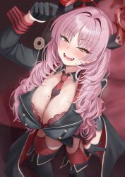  absurdres ambiguous_pov arm_bands blue_archive blush bra breasts cleavage clothed coin evil_smile eyebrows_visible_through_hair femdom garter_straps gloves halo horns large_breasts long_hair looking_at_viewer mole pendulum pink_hair pov pov_sub satsuki_(blue_archive) smile sweat tagi thighhighs thighs tie yellow_eyes 