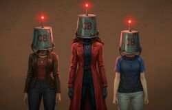 ai_art brown_hair bucket_helmet carmen_sandiego carmen_sandiego_(character) clothed female_only femsub gloves glowing helmet hypnotic_clothing ivy_(carmen_sandiego) jacket jewelry julia_argent_(carmen_sandiego) long_hair multiple_girls multiple_subs necklace pants shirt standing tech_control zupern0va_(manipper)