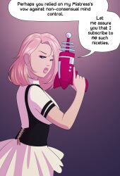  allyssonne_(thf772) blonde_hair blue_eyes dialogue dina-m female_only femdom humor large_lips maid meme original pink_hair raygun short_hair simple_background skirt solo speech_bubble tagme text 