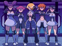 altered_perception alternate_hairstyle ass bodysuit breasts bronzor candice cynthia enemy_conversion expressionless fantina female_only femsub gardenia large_ass large_breasts maylene multiple_girls multiple_subs nintendo nipples pink_eyes pokemon pokemon_diamond_pearl_and_platinum saluting singlesalt standing_at_attention team_galactic