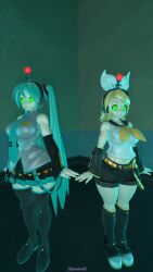 3d blonde_hair blue_hair breasts clothed expressionless female_only fembot femsub glowing glowing_eyes green_eyes headphones hypnolordx long_hair miku_hatsune multiple_girls multiple_subs ribbon rin_kagamine robotization short_hair shorts signature skirt source_filmmaker spiral_eyes spiralwash_eyes standing standing_at_attention symbol_in_eyes tech_control twintails vocaloid