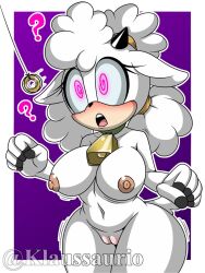 animal_ears blush breasts collar collarbone confused cowbell erect_nipples female_only femsub furry horns idw_comics klaussaurio lanolin_the_sheep large_breasts large_hips long_hair navel nipples nude open_mouth pendulum pink_eyes pussy sheep_girl simple_background solo sonic_the_hedgehog_(series) spiral_eyes standing symbol_in_eyes tail watermark white_hair white_skin