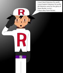 ash_ketchum collar dialogue empty_eyes enemy_conversion liquidphazon male_only malesub nintendo pokemon pokemon_(anime) simple_background solo standing standing_at_attention team_rocket tech_control text 