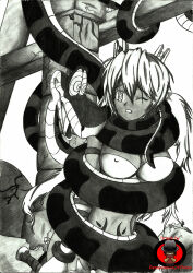 ayumi_(x-blades) breasts coils disney female_only femsub greyscale hypnotic_eyes kaa large_breasts long_hair monochrome renaissanceofchaos ring_eyes snake the_jungle_book traditional x-blades