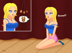  absurdres blonde_hair blue_eyes breasts cat_pose cleavage female_only femsub haley_(stardew_valley) hypno_apophis kneeling long_hair necklace open_mouth pendulum pet_play spiral_eyes stage_hypnosis stardew_valley symbol_in_eyes text 