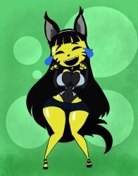  animal_ears black_hair breasts cat_pose closed_eyes emoji femsub happy_trance knees_together large_breasts laughing long_hair lordebonfuze original smile tail thick_thighs transformation yellow_skin 