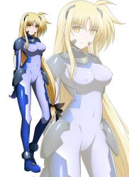 blonde_hair bodysuit breasts cameltoe corruption enemy_conversion erect_nipples_under_clothes expressionless fate_testarossa femsub large_breasts long_hair looking_at_viewer magical_girl_lyrical_nanoha numbers_(nanoha) oshimaru026 standing tight_clothing transformation very_long_hair yellow_eyes