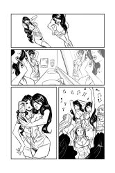 arms_behind_back black_hair breasts camera cleavage comic dancing greyscale large_breasts lipstick long_hair monochrome open_clothes open_mouth original shono traditional undressing