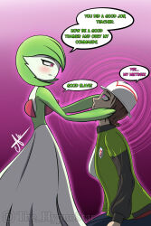  brown_hair dialogue dress empty_eyes femdom femsub gardevoir green_hair harmony_(pokemon) hat hypnotic_eyes nintendo pokemon pokemon_legends_z-a ponytail purple_background purple_eyes spiral telepathy text thehypnostar 