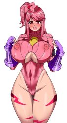  arm_bands blush body_paint breasts capcom cosplay erect_nipples erect_nipples_under_clothes female_only femsub fingerless_gloves frozen_gingasan gloves gunslinger_stratos hair_ornament hat heart huge_breasts kyoka_katagiri leotard long_hair looking_at_viewer open_mouth pink_hair red_eyes shadaloo_dolls shoulder_pads side_ponytail simple_background solo standing street_fighter thick_thighs tie tongue underboob white_background 