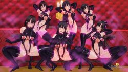 3d absurdres armpits arms_above_head bangs bare_shoulders black_hair blue_eyes blush boots censored choker clothed crotch_cutout custom_maid_3d_2 dfish303 dildo drool earrings empty_eyes glasses gloves happy_trance heavy_eyelids large_breasts leotard long_hair looking_at_viewer multiple_girls multiple_subs navel navel_piercing nipple_cutout nipple_piercing nipples open_mouth opera_gloves original pheromones piercing ponytail pubic_hair pussy_juice ribbon rubber short_hair simulated_fellatio squatting standing straight-cut_bangs thighhighs tongue tongue_out underboob very_long_hair