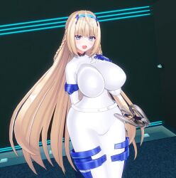  3d ahoge before_and_after belt blonde_hair blue_eyes blush bodysuit choker custom_maid_3d_2 garter gloves large_breasts long_hair looking_at_viewer open_mouth original setonoyorimiti standing straight-cut_bangs sword thick_thighs very_long_hair virus weapon 