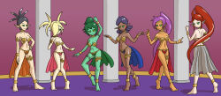 anklet arm_bands arms_above_head bare_legs barefoot black_hair blonde_hair bracelet cleavage clothed collar collarbone dancing dark_skin earrings elf_ears female_only femsub green_hair green_skin hair_covering_one_eye hand_on_hip happy_trance harem harem_outfit harmony_(shantae) heavy_eyelids jewelry kaa_eyes light_skin long_hair multiple_girls multiple_subs mythkaz navel plink_(shantae) ponytail purple_hair red_hair rottytops shantae shantae_(series) smile stage standing tan_skin tiptoes twintails vera_(shantae) very_long_hair zapple_(shantae)