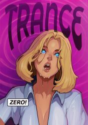 ai_art blonde_hair blue_eyes comic drool femsub sculptortusk short_hair skirt socks spiral_eyes tagme trigger