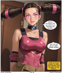 ai_art brown_hair devianbar dialogue empty_eyes femsub happy_trance kidd_summers large_breasts nintendo pokemon short_hair team_hypno text