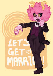  afro black_sclera bow_tie female_only femsub heart horns hypnotized_dom hypnotized_hypnotist jewelry mina_ashido my_hero_academia nail_polish open_mouth pink_hair pink_skin pixel-chan-doodles ring short_hair simple_background smile spiral spiral_eyes suit symbol_in_eyes tagme text wedding_ring yellow_eyes 