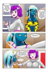 alien_girl blue_skin bow breasts brown_eyes cleavage closed_eyes comic dialogue dress elf_ears empty_eyes english_text femdom femsub freckles happy_trance horns kimberly_smith_(daveyboysmith9) large_breasts lipstick long_hair lum makeup midriff multicolored_hair oni_girl open_mouth original posing princess purple_eyes purple_hair purple_lipstick short_hair smile speech_bubble standing story text thighhighs thighs tiger_print urusei_yatsura wadevezecha