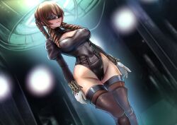  blindfold blush boots braid brown_hair cameltoe cleavage drill_hair erect_nipples erect_nipples_under_clothes female_only femsub gloves halt_miyakura large_breasts leotard smile solo standing thick_thighs thigh_boots thighhighs twin_braids twintails 