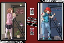 age_regression altered_common_sense before_and_after bodysuit brain_drain brown_hair cap dialogue diaper femsub haru_okumura hat nebulaaxatotol persona_(series) persona_5 persona_5_royal shoes skirt sweater tagme text tights
