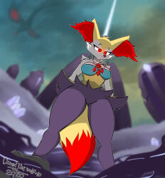  braixen breasts corruption davidthewolfx10 drool empty_eyes expressionless female_only femsub fox_girl furry glowing glowing_eyes hypnotic_accessory nintendo pokemon pokemon_(creature) solo standing standing_at_attention 