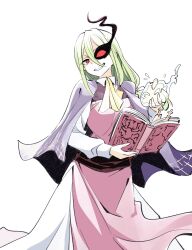 absurdres book character_request control_indicator corruption demons_plan_something_good! dress evil_smile eye_color_change femsub green_hair happy_trance isiyumi possession red_eyes simple_background slit_pupils smile tears very_long_hair white_background