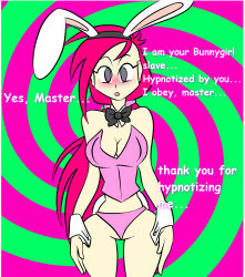  blush bow bunny_ears bunnysuit cleavage cuffs fake_animal_ears female_only gwanrox large_hips original panties pink_hair safecoffee solo spiral spiral_eyes standing standing_at_attention symbol_in_eyes text underwear 
