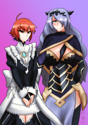 blue_hair blush breasts camilla_(fire_emblem_fates) cleavage expressionless female_only femdom femsub fire_emblem fire_emblem_fates hinoka_(fire_emblem) large_breasts long_hair maid nintendo red_hair short_hair usagiforehead