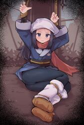  akari_(pokemon_legends_arceus) blue_hair bondage boots female_only hat kitabireta_neko long_hair nintendo pokemon pokemon_legends_arceus scarf 