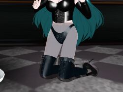 3d boots cleavage corset cyan_hair fingerless_gloves flamekin ghost_girl gothification high_heels large_breasts leather long_hair panties possession transformation transgender