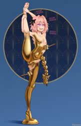  androgynous androgynous_sub astolfo_(fate) aurification balls braid butt_plug display english_text erection eye_color_change eyebrows_visible_through_hair fate/apocrypha fate/grand_order fate_(series) femboy glowing_eyes gold hair_ribbon human_furniture legs_beside_head long_hair male_only malesub mantra midriff navel nipples nominu nude penis pink_hair posing purple_eyes ribbon solo spiral_eyes spread_legs standing standing_split statue symbol_in_eyes text very_long_hair 