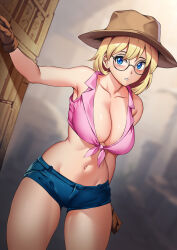 armpits bangs bare_legs before_and_after blue_eyes breasts cleavage collarbone cowboy_hat female_only gina_diggers glasses gloves gold_digger hadant hat jean_shorts midriff navel short_hair short_shorts shorts simple_background solo standing tied_shirt